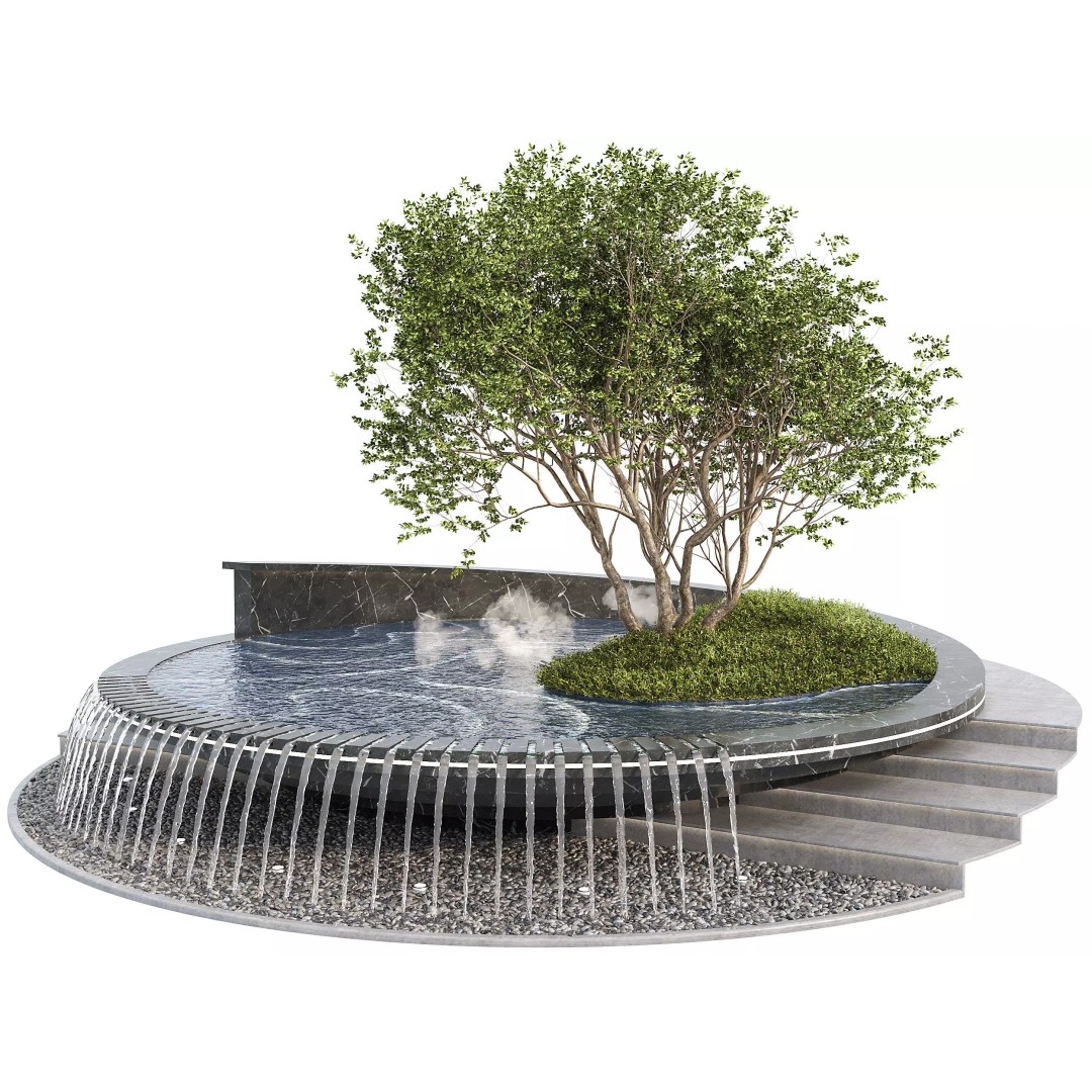 Circular Pond 3D Model – Scenic Landscape Asset with Fountain and Waterfall - View 2