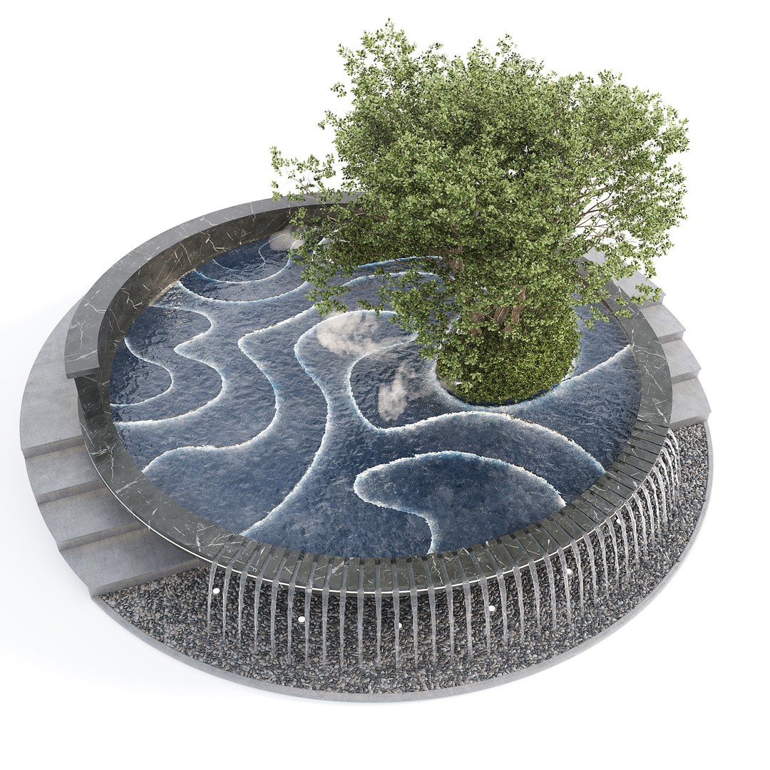 Circular Pond 3D Model – Scenic Landscape Asset with Fountain and Waterfall - View 3