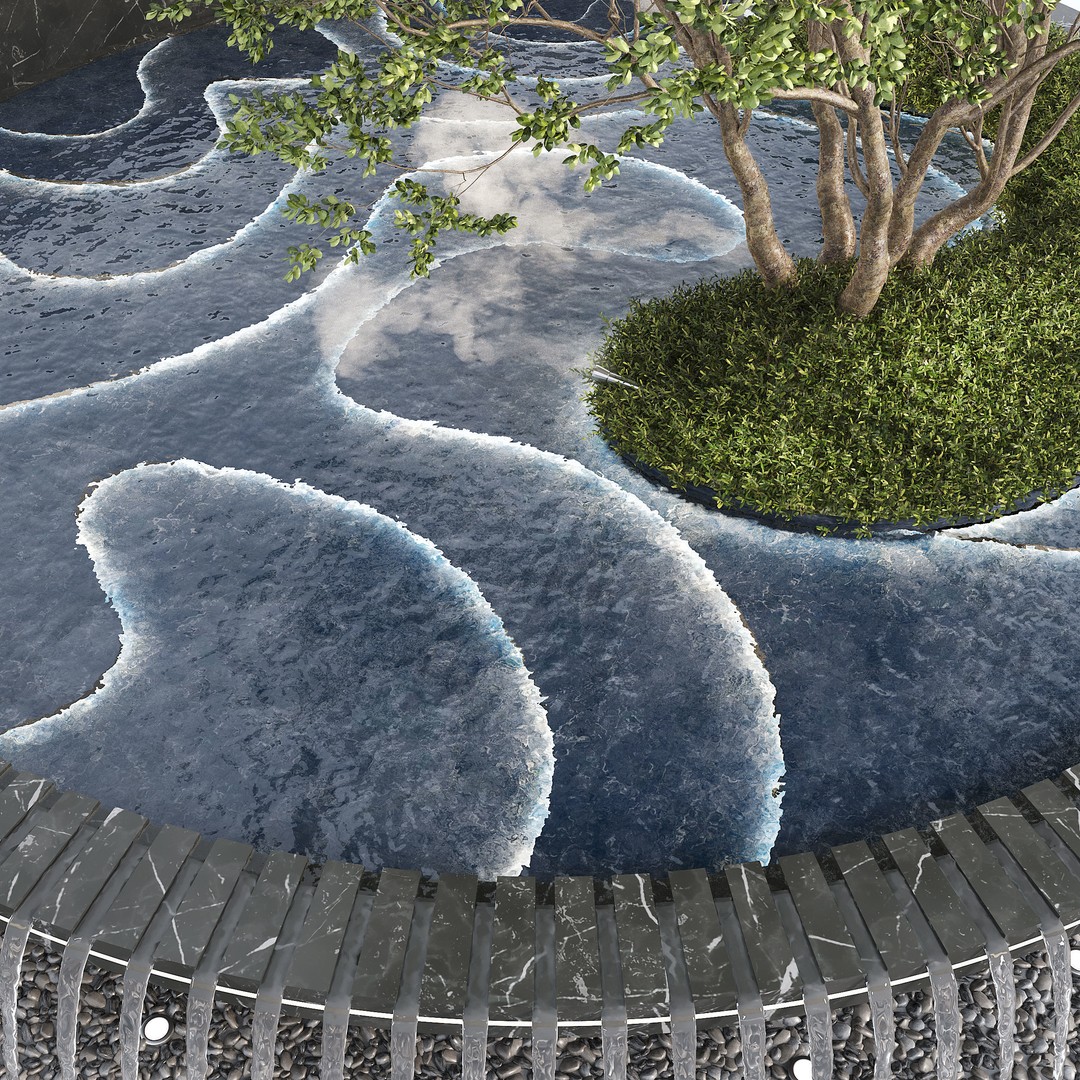 Circular Pond 3D Model – Scenic Landscape Asset with Fountain and Waterfall - View 4