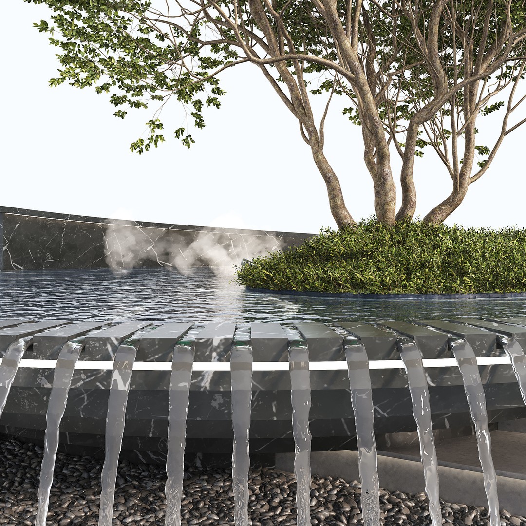 Circular Pond 3D Model – Scenic Landscape Asset with Fountain and Waterfall - View 5
