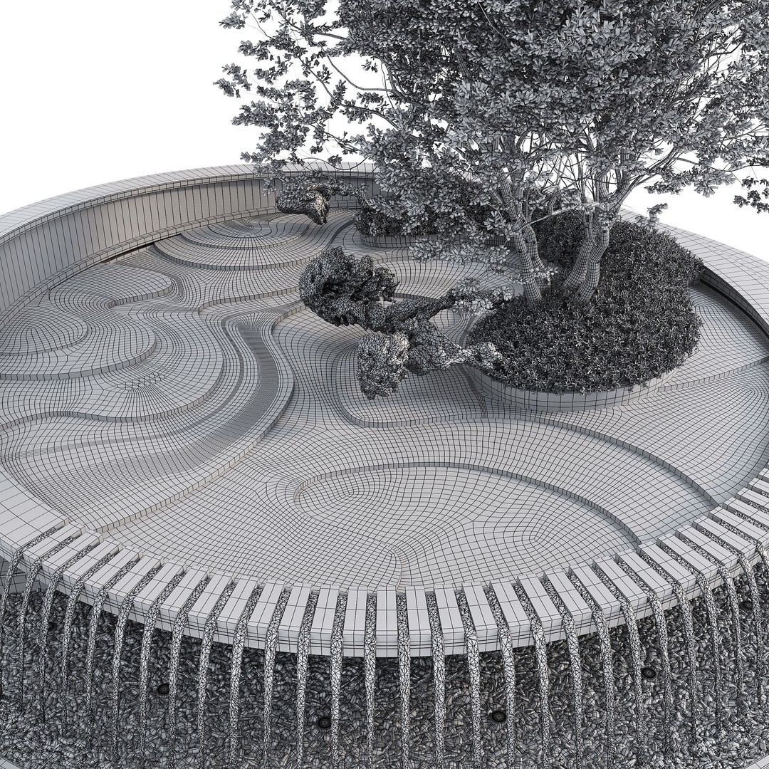 Circular Pond 3D Model – Scenic Landscape Asset with Fountain and Waterfall - View 6
