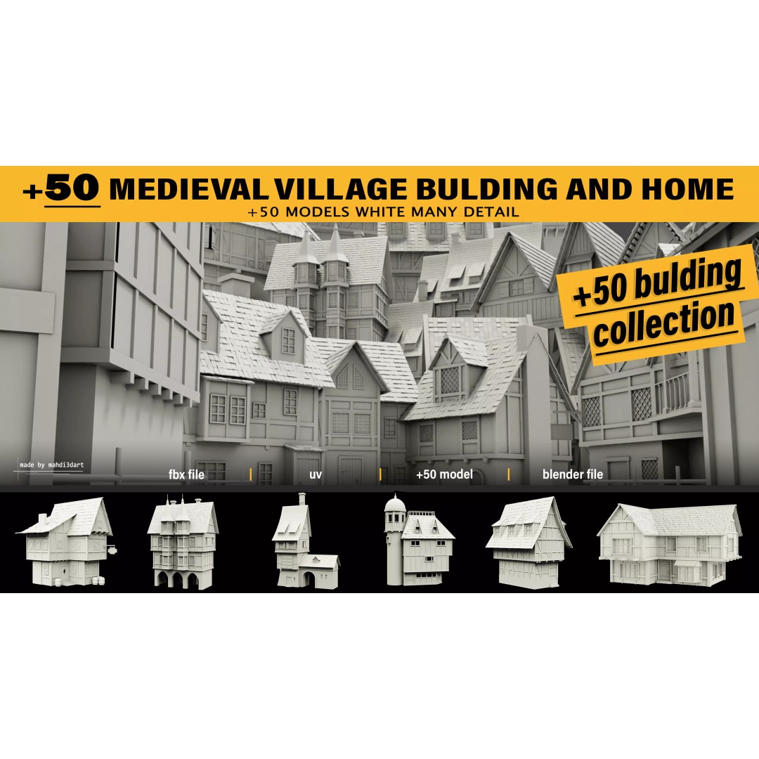 Medieval Village Building 3D Model – 50 Home Collection, Blender, FBX, OBJ - View 2