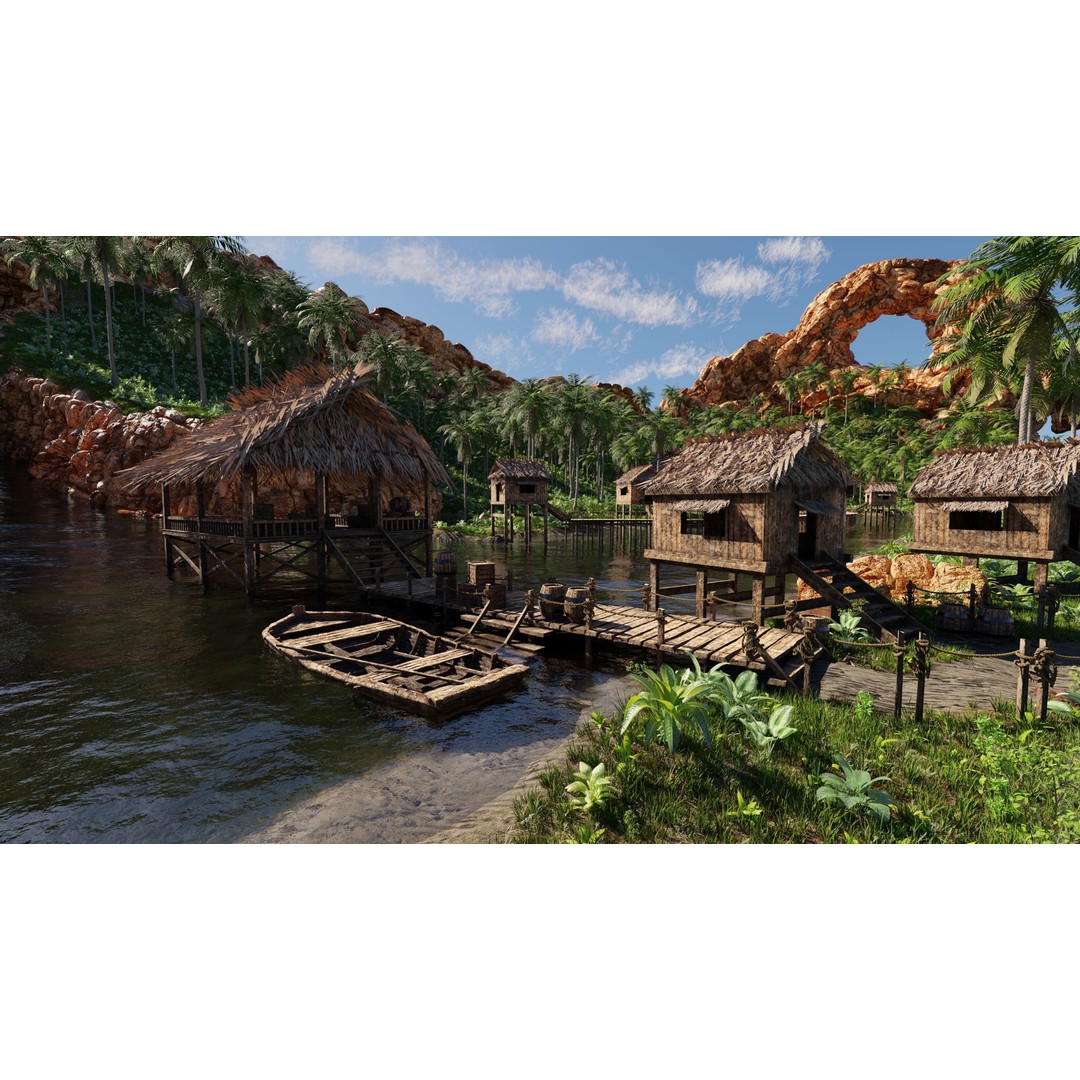 Tropical Waterfall Scene 3D Model – High Poly Environment for Blender - View 3