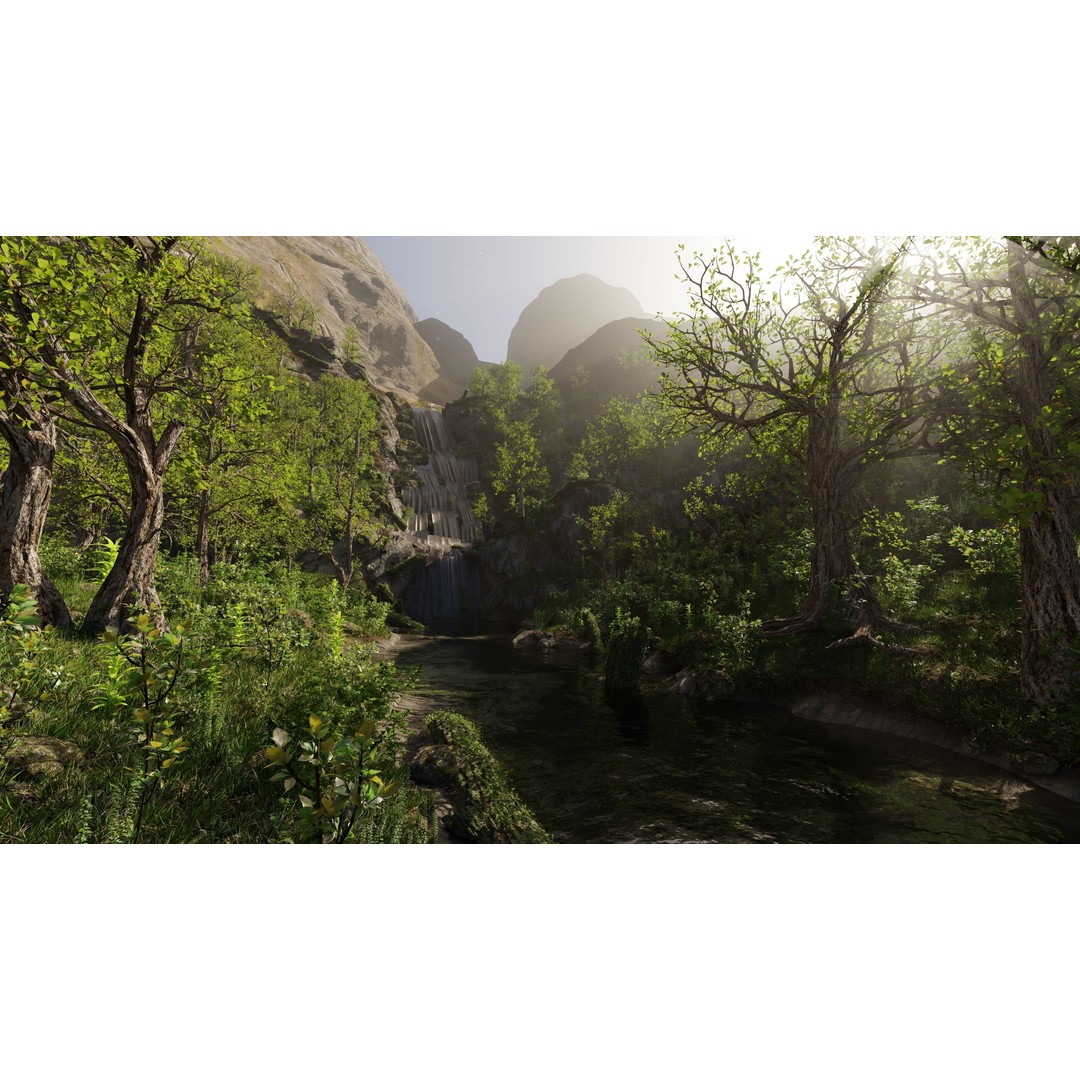 Small Waterfall Scene 3D Model – Nature Landscape with Animated Plants, Blender - View 3
