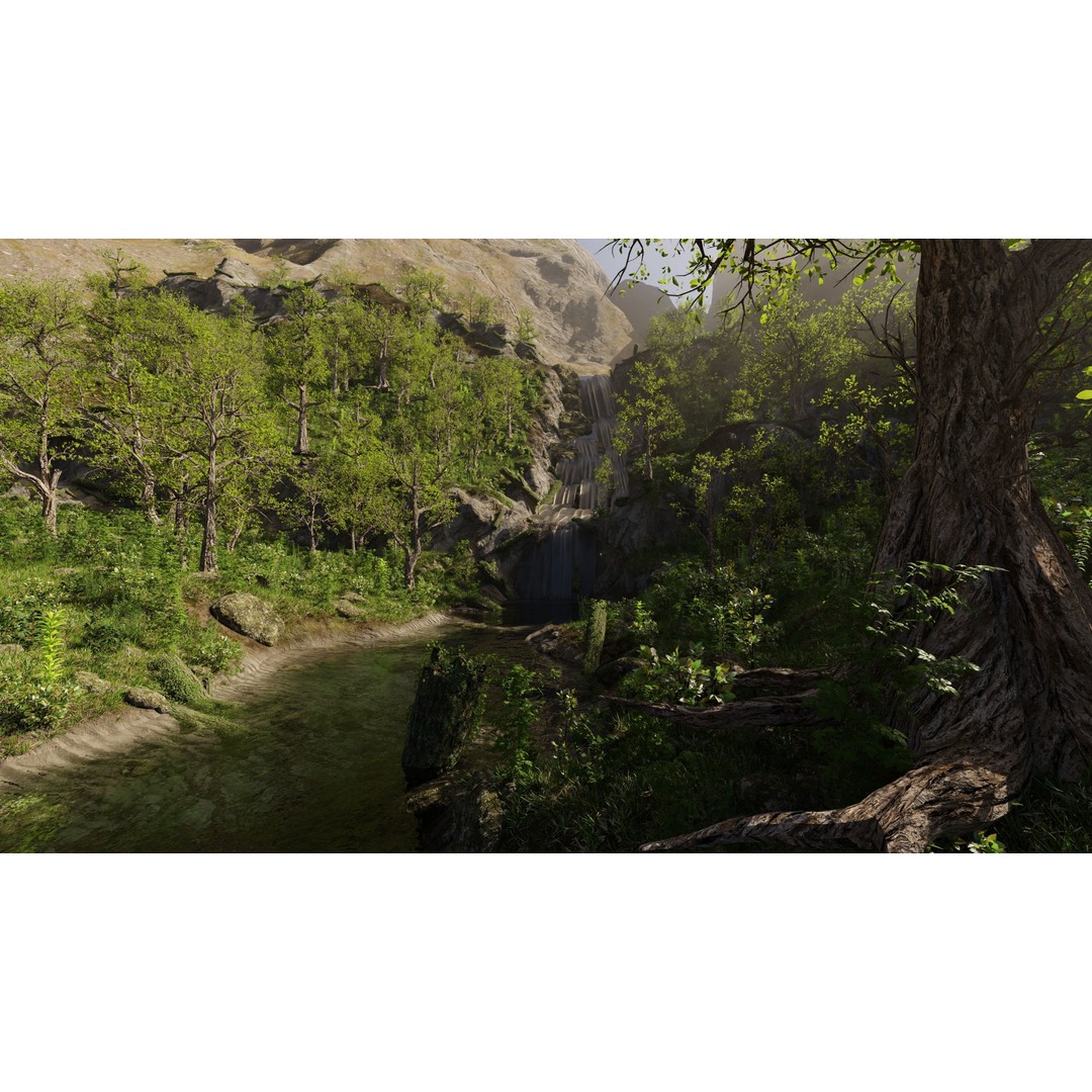 Small Waterfall Scene 3D Model – Nature Landscape with Animated Plants, Blender - View 4