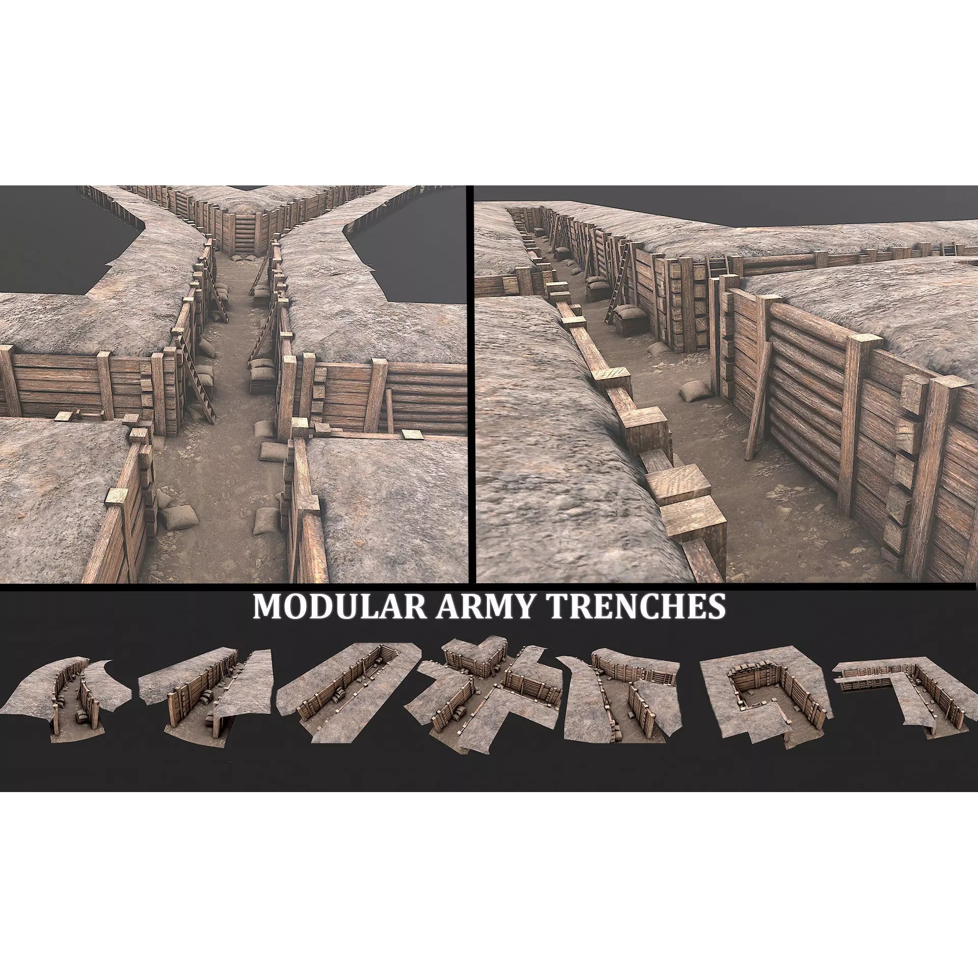Modular Low Poly Army Trenches - Low-Poly Game-Ready 3D Model - View 2