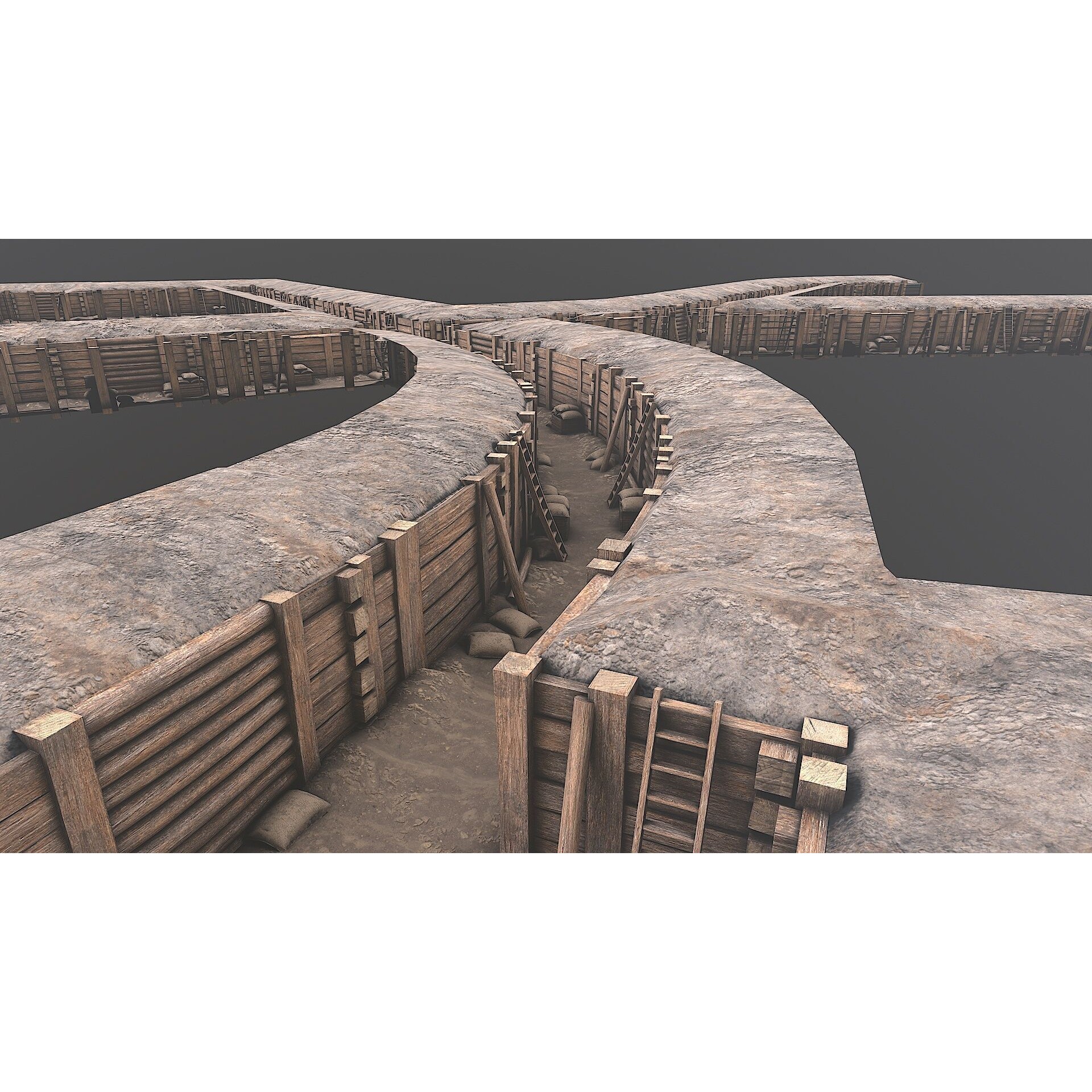 Modular Low Poly Army Trenches - Low-Poly Game-Ready 3D Model - View 3