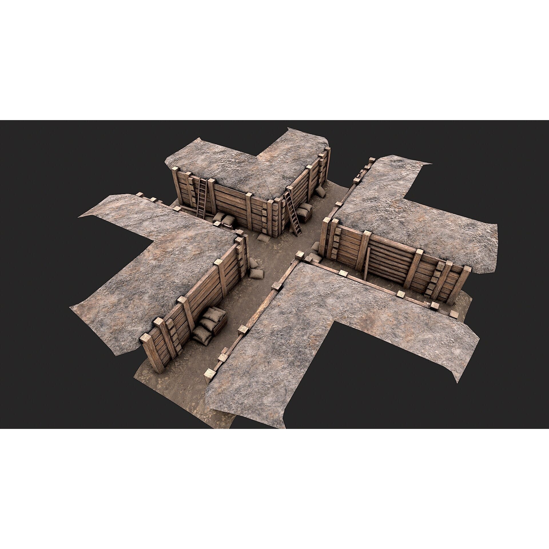 Modular Low Poly Army Trenches - Low-Poly Game-Ready 3D Model - View 9