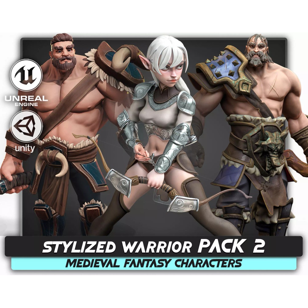 Stylized Warrior Pack 2 3D Model – Low Poly Fantasy Characters, Rigged - View 2