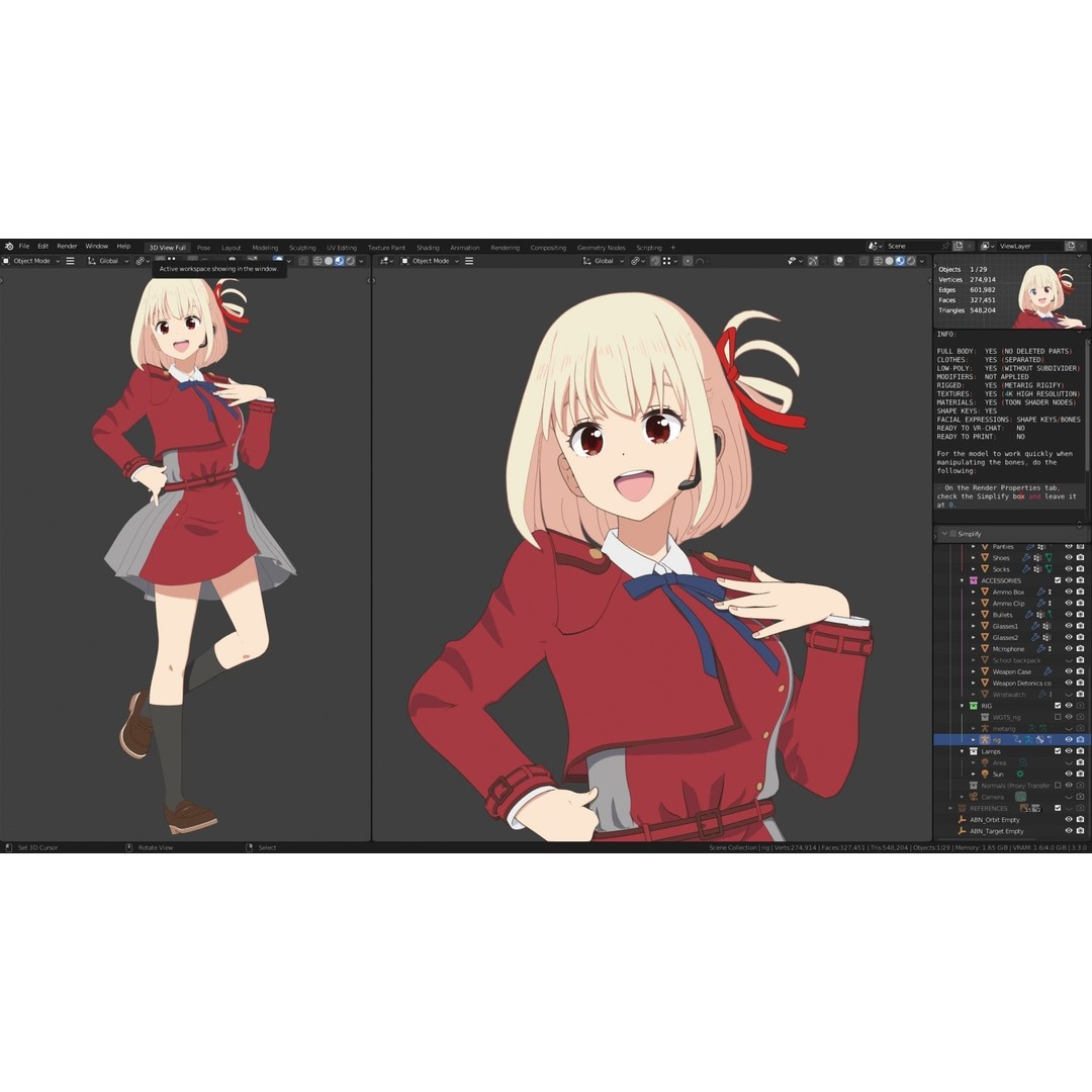 Nishikigi Chisato 3D Model – Anime Character Rigged for Blender - View 10