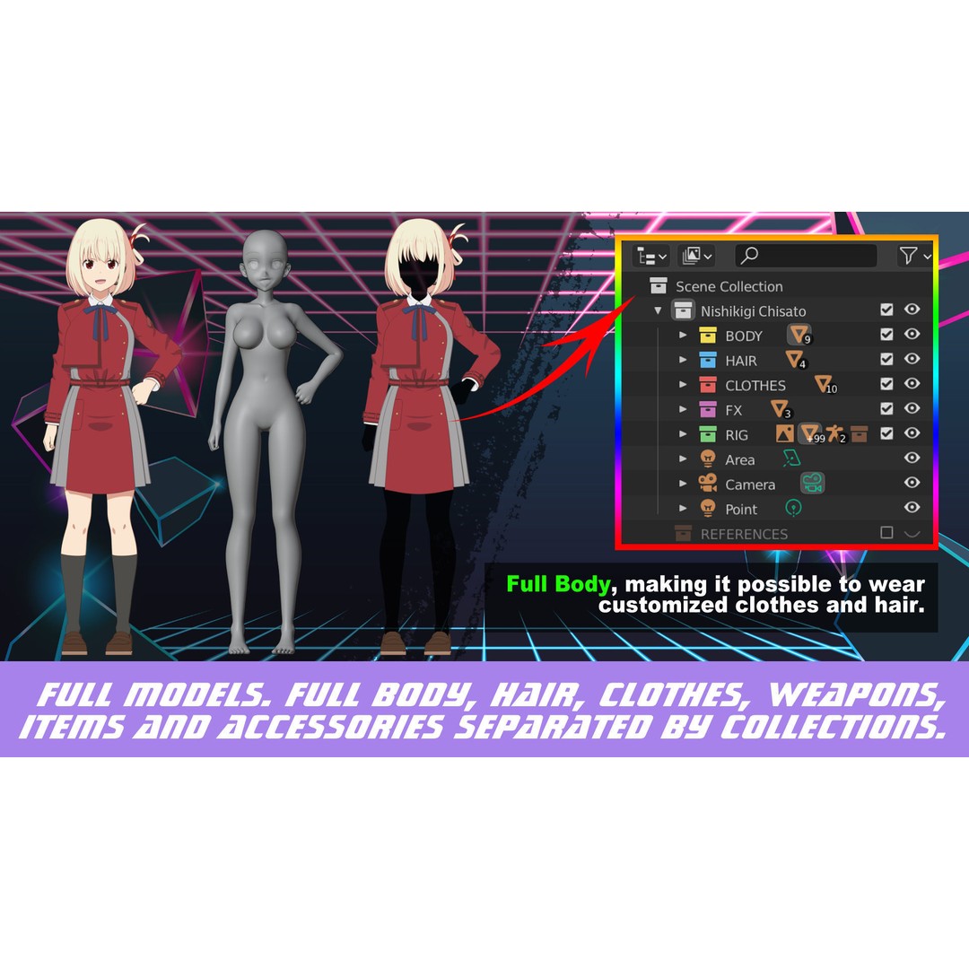 Nishikigi Chisato 3D Model – Anime Character Rigged for Blender - View 3