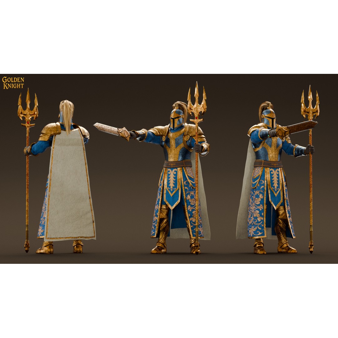 Golden Knight 3D Model – Low Poly Game Ready Character, Rigged, FBX - View 15