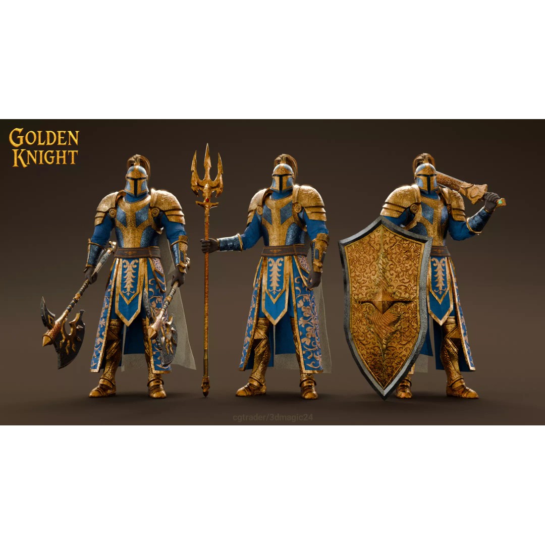Golden Knight 3D Model – Low Poly Game Ready Character, Rigged, FBX - View 2