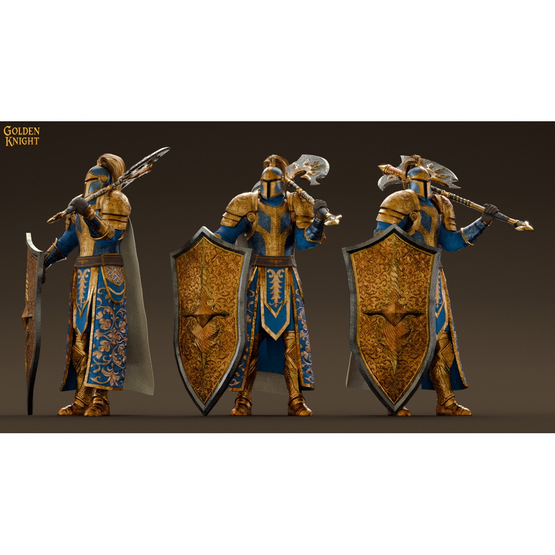 Golden Knight 3D Model – Low Poly Game Ready Character, Rigged, FBX - View 4