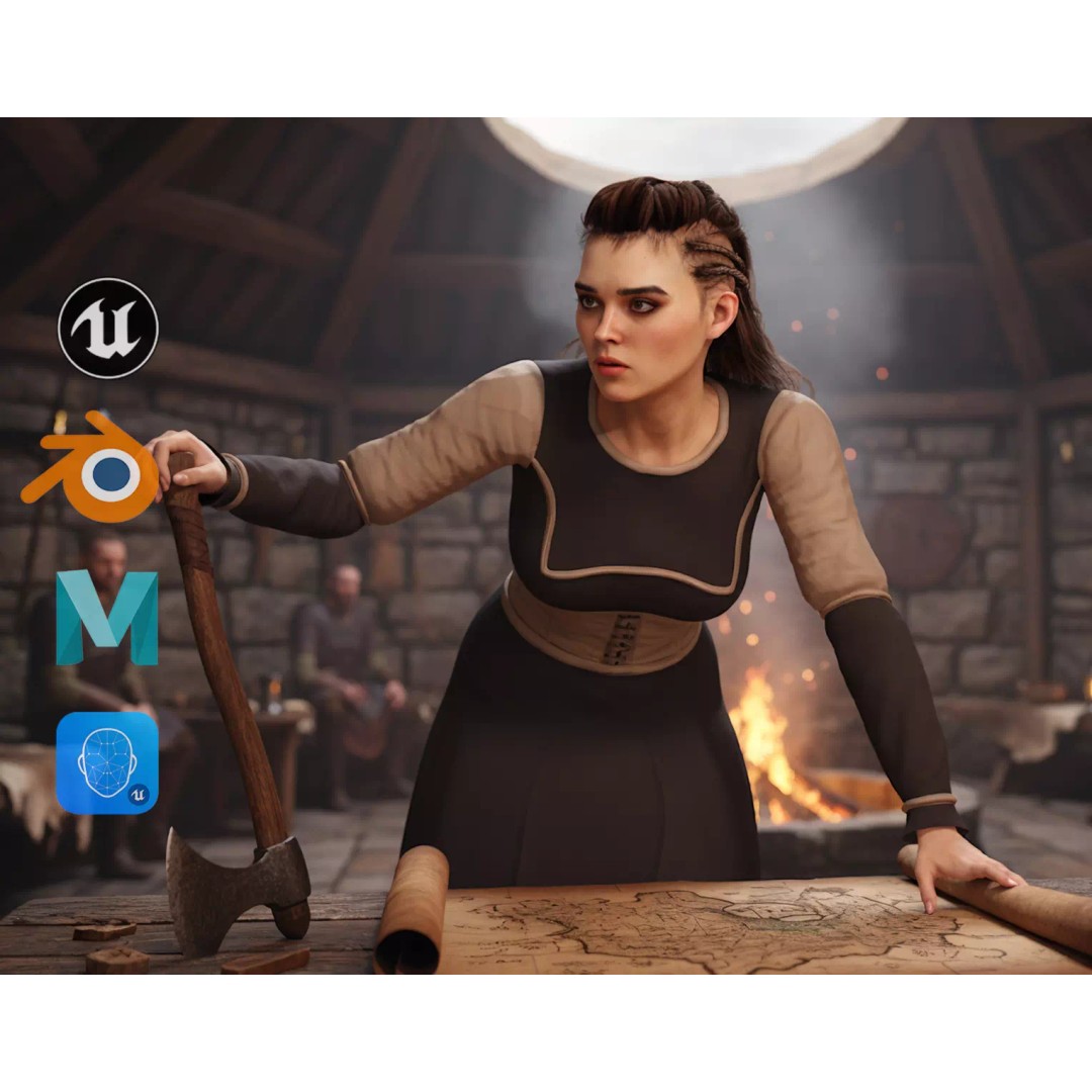 Medieval Female Character 3D Model – Stylized Low-Poly Game Asset, FBX - View 2