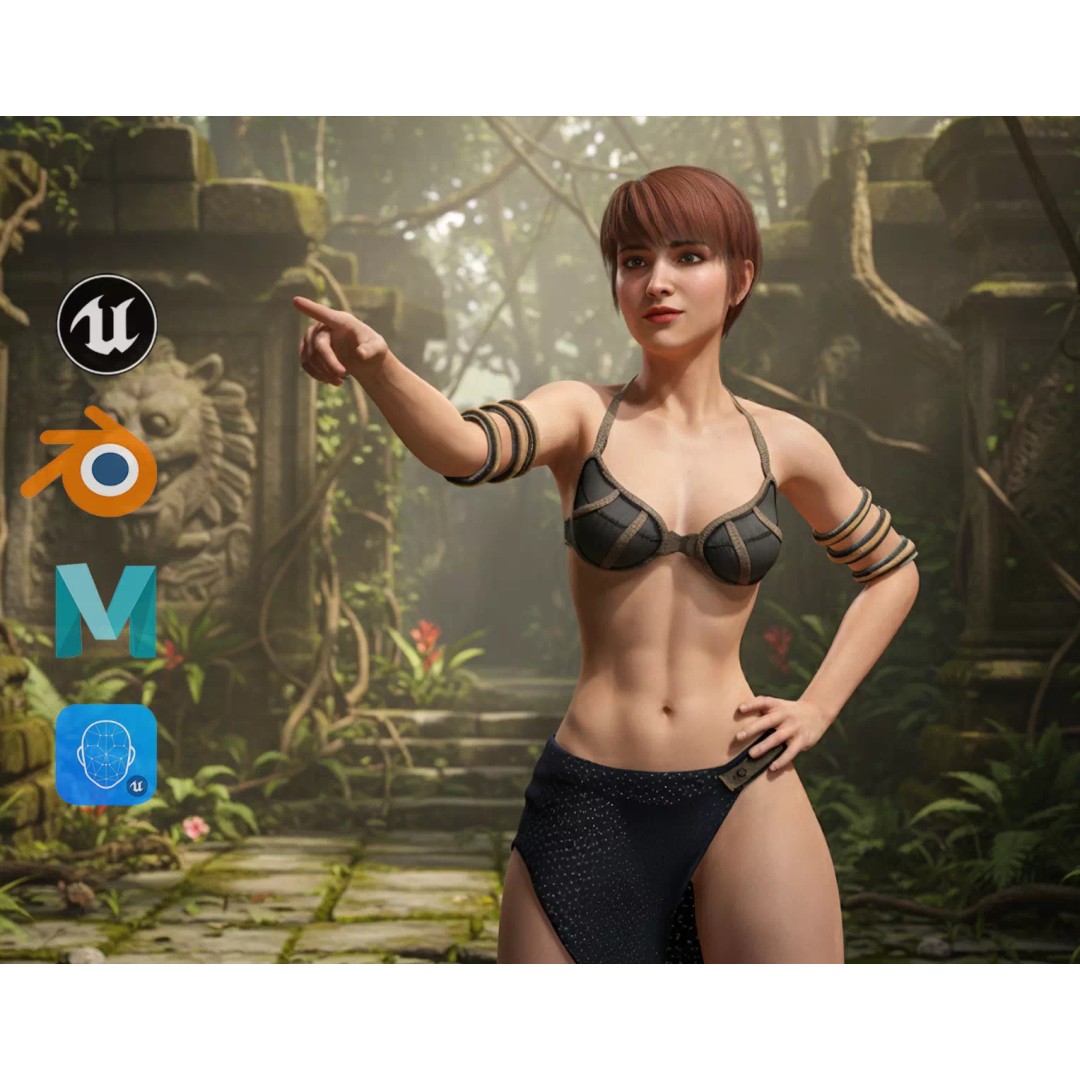 Realistic Female Warrior 3D Model – Low Poly Rigged Character for Games - View 2