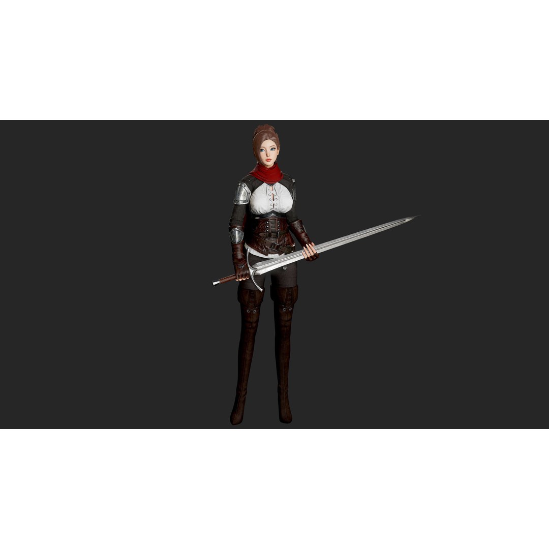 Swordswoman 3D Model – Low Poly Rigged Character with PBR Textures - View 11
