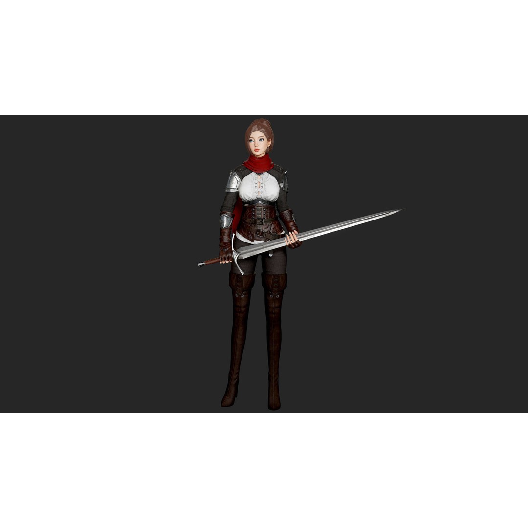 Swordswoman 3D Model – Low Poly Rigged Character with PBR Textures - View 12