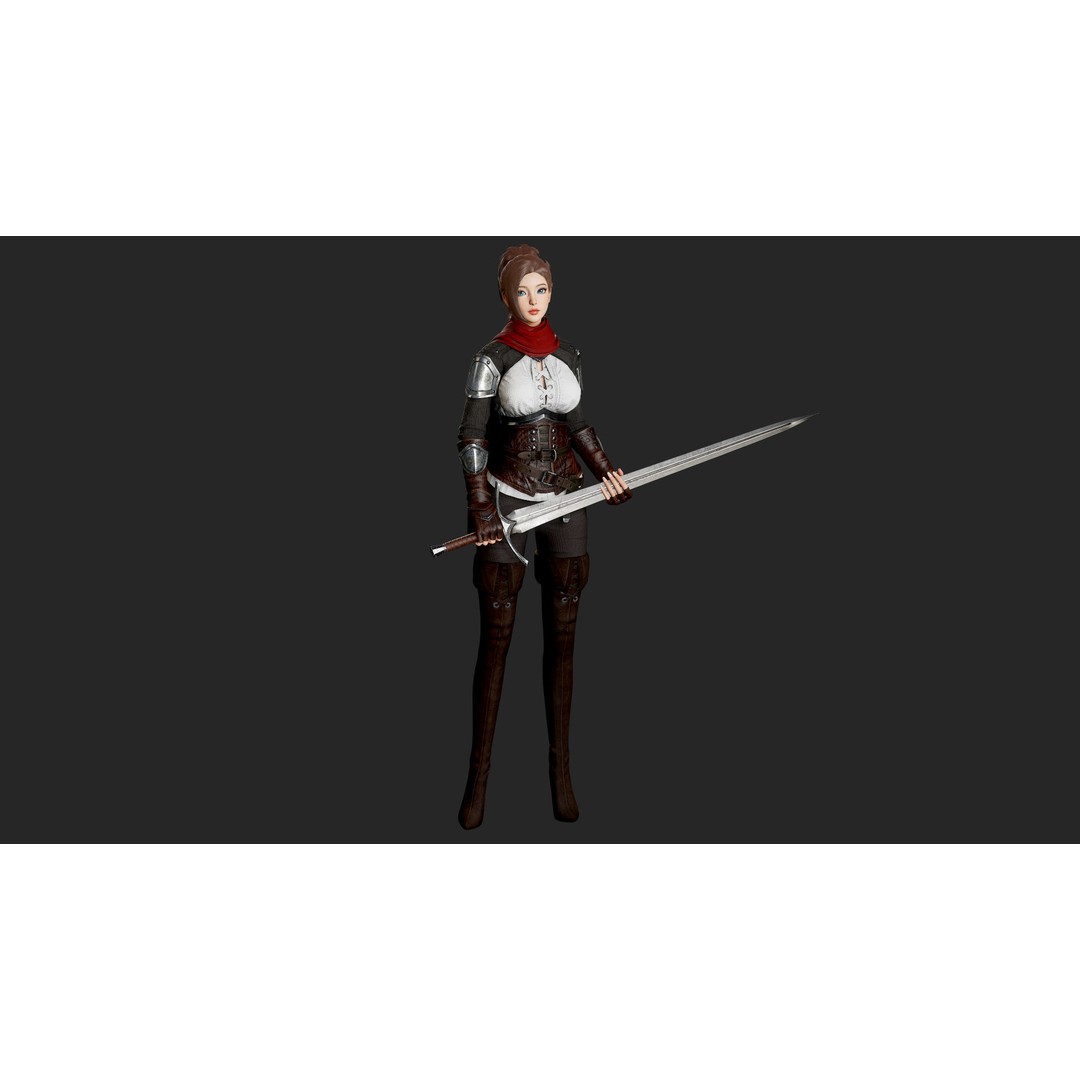 Swordswoman 3D Model – Low Poly Rigged Character with PBR Textures - View 13