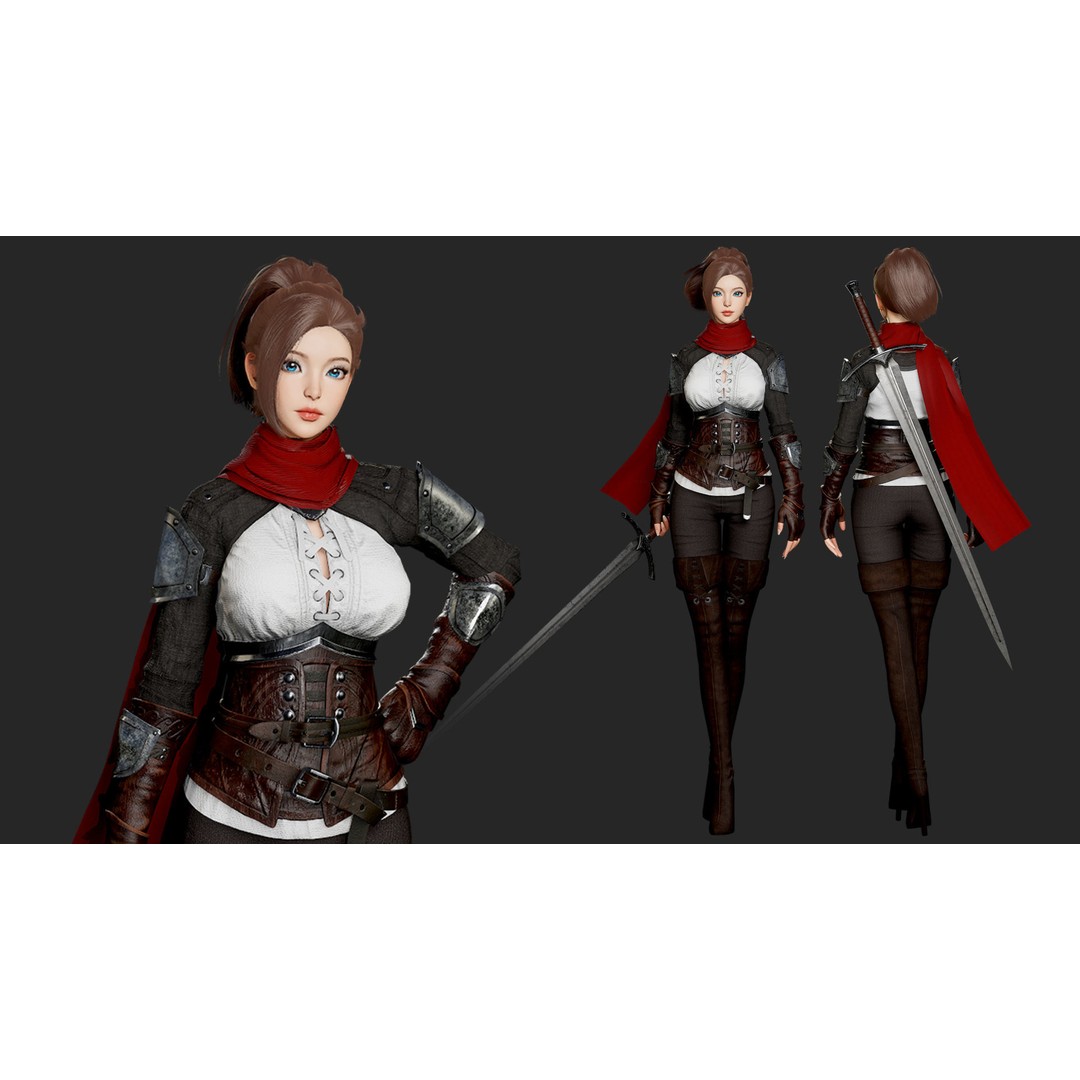 Swordswoman 3D Model – Low Poly Rigged Character with PBR Textures - View 3
