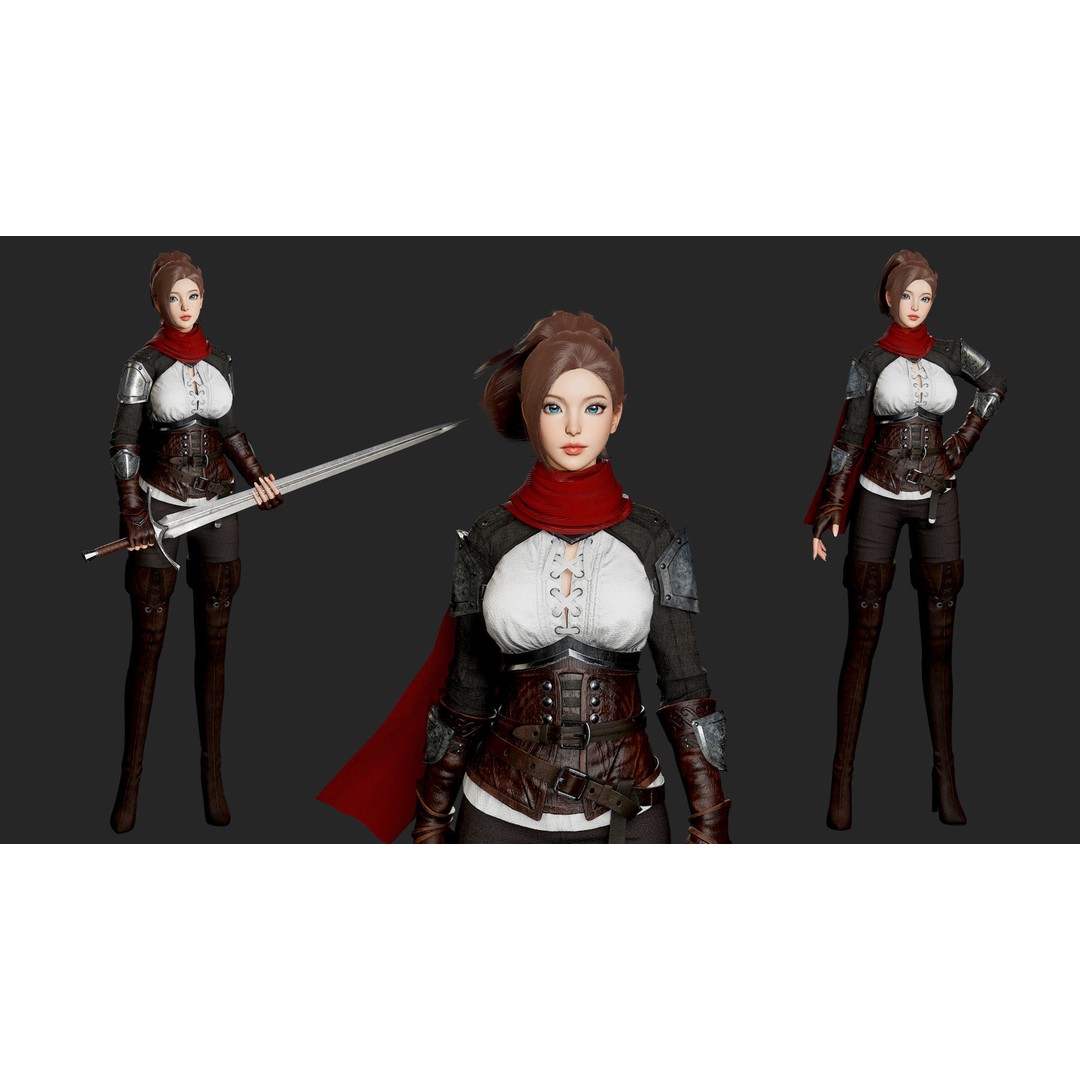 Swordswoman 3D Model – Low Poly Rigged Character with PBR Textures - View 5
