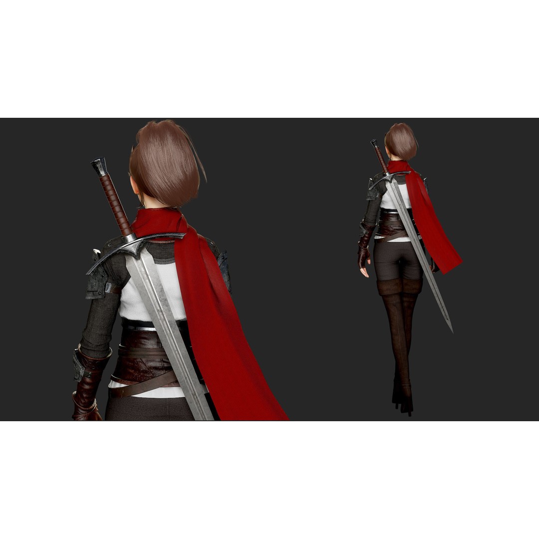 Swordswoman 3D Model – Low Poly Rigged Character with PBR Textures - View 6