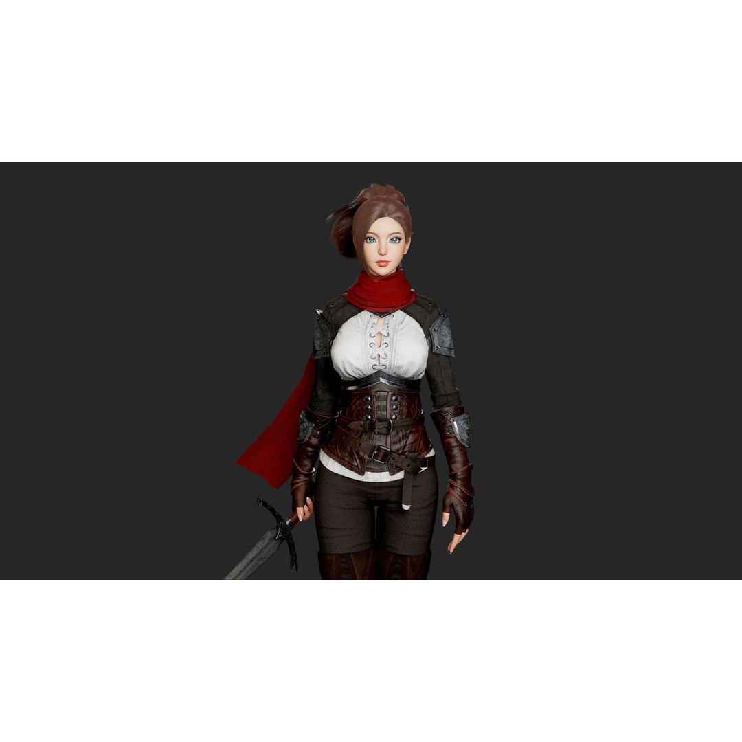 Swordswoman 3D Model – Low Poly Rigged Character with PBR Textures - View 7
