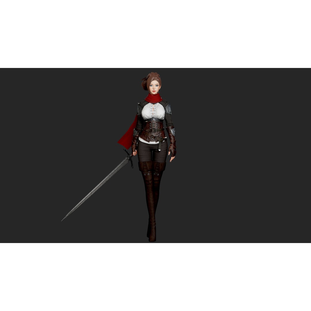 Swordswoman 3D Model – Low Poly Rigged Character with PBR Textures - View 8