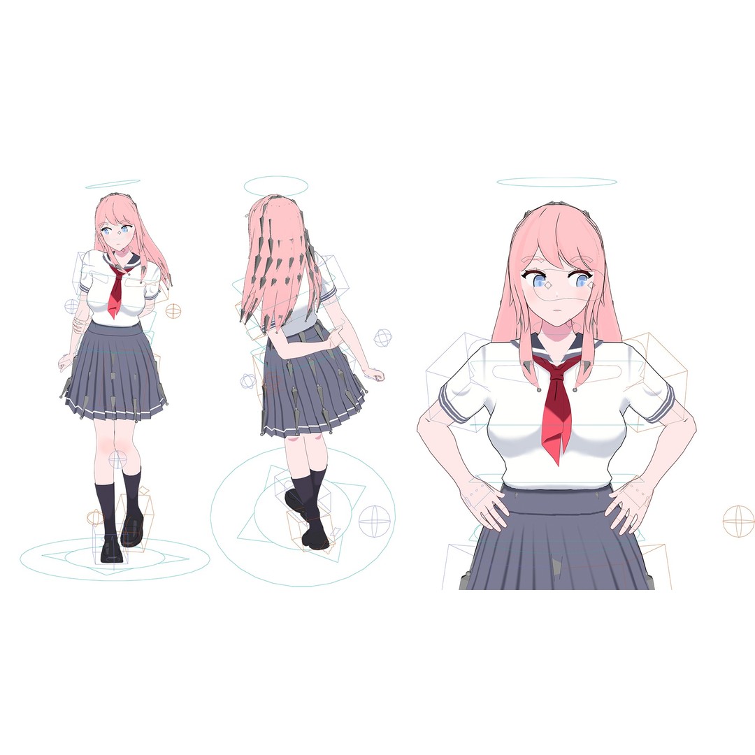 Anime Student Girls 3D Model – Stylized Low-Poly Characters, Blender