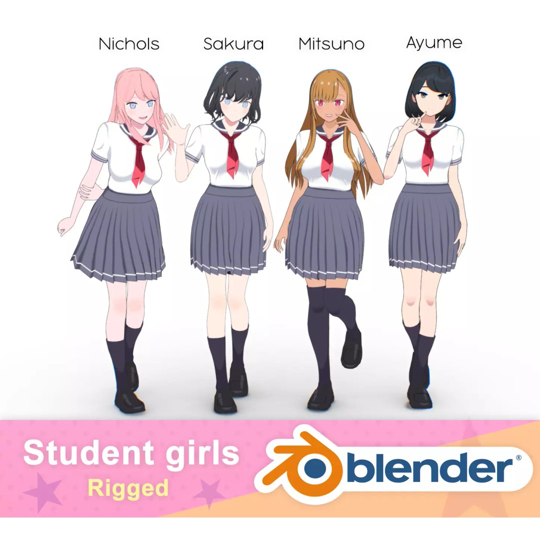 Anime Student Girls 3D Model – Stylized Low-Poly Characters, Blender - View 2
