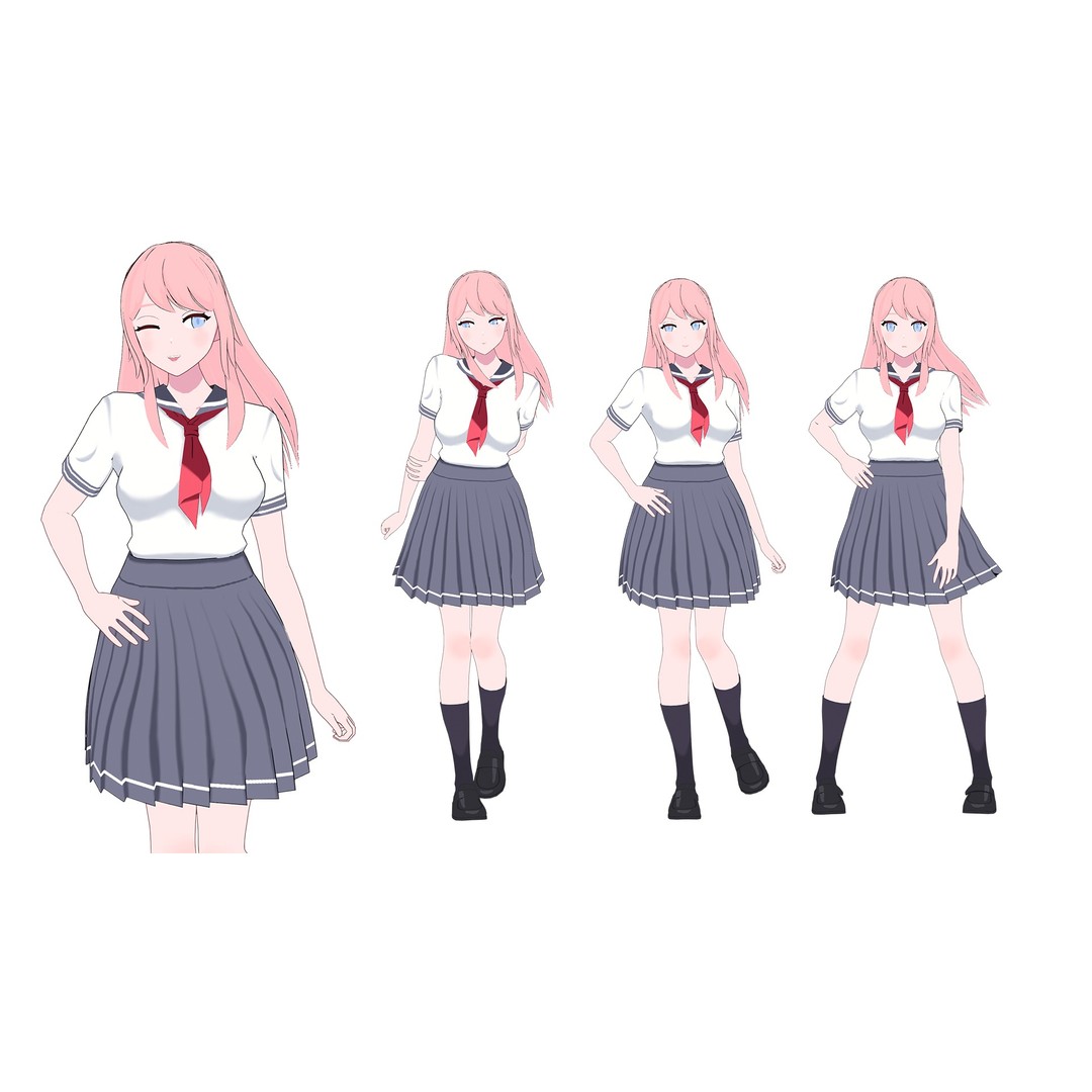Anime Student Girls 3D Model – Stylized Low-Poly Characters, Blender - View 4