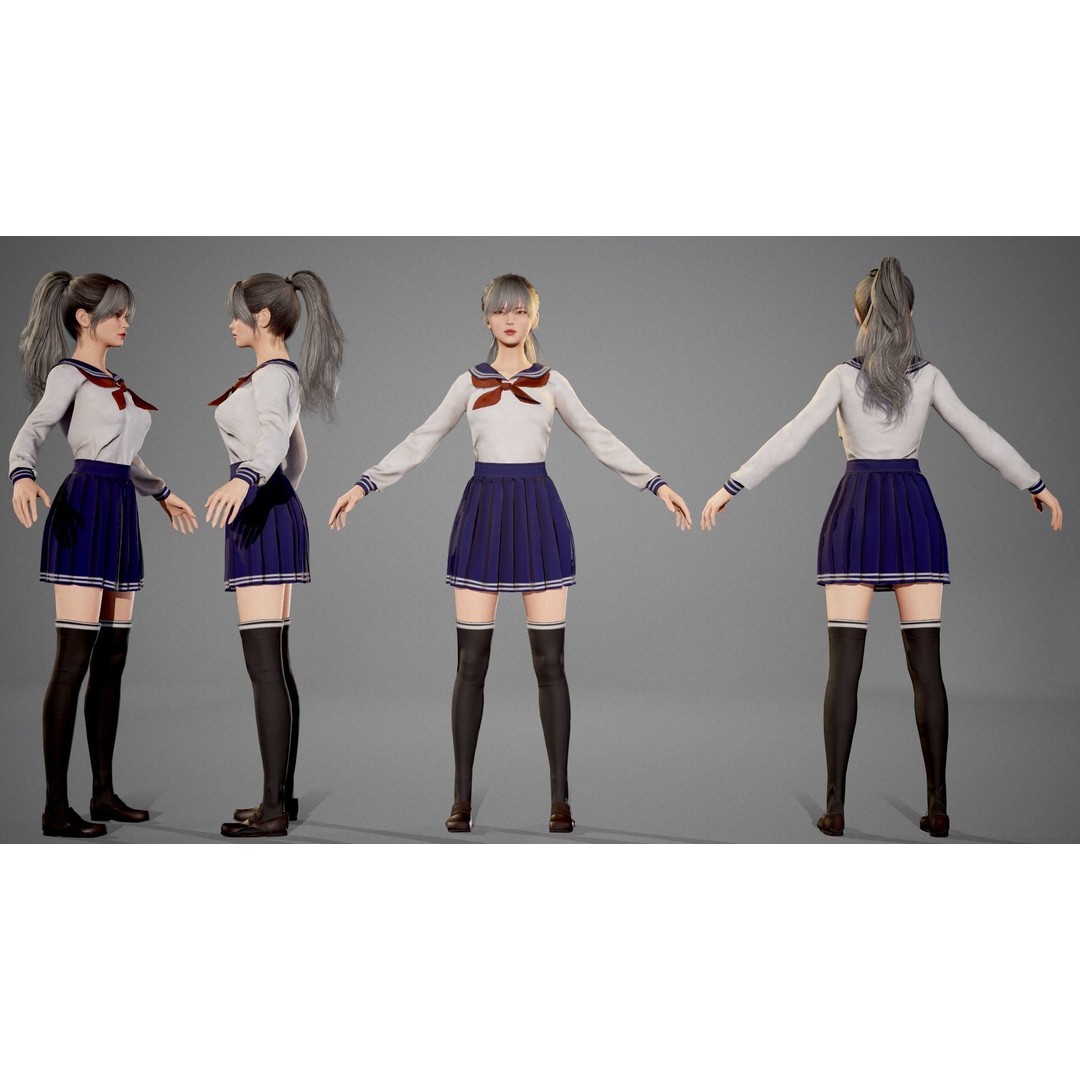 School Girl 3D Model – Low Poly Modular Character, Rigged, FBX - View 3
