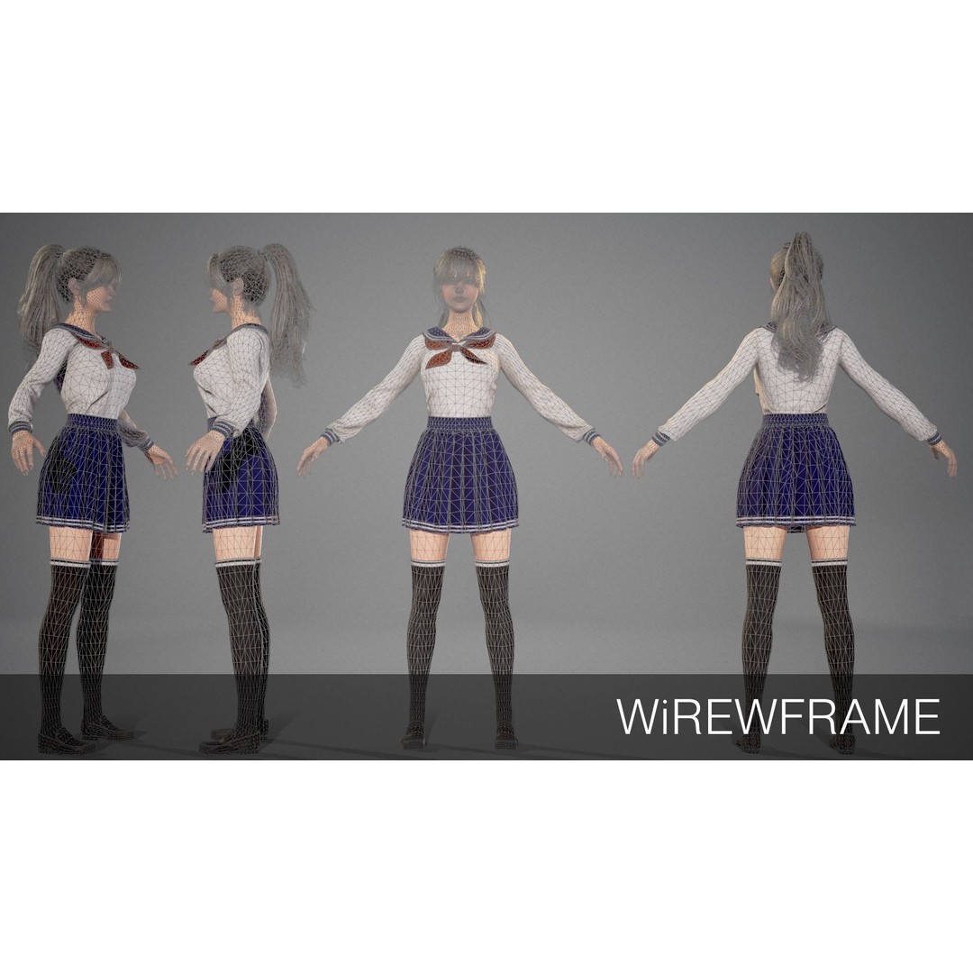 School Girl 3D Model – Low Poly Modular Character, Rigged, FBX - View 4