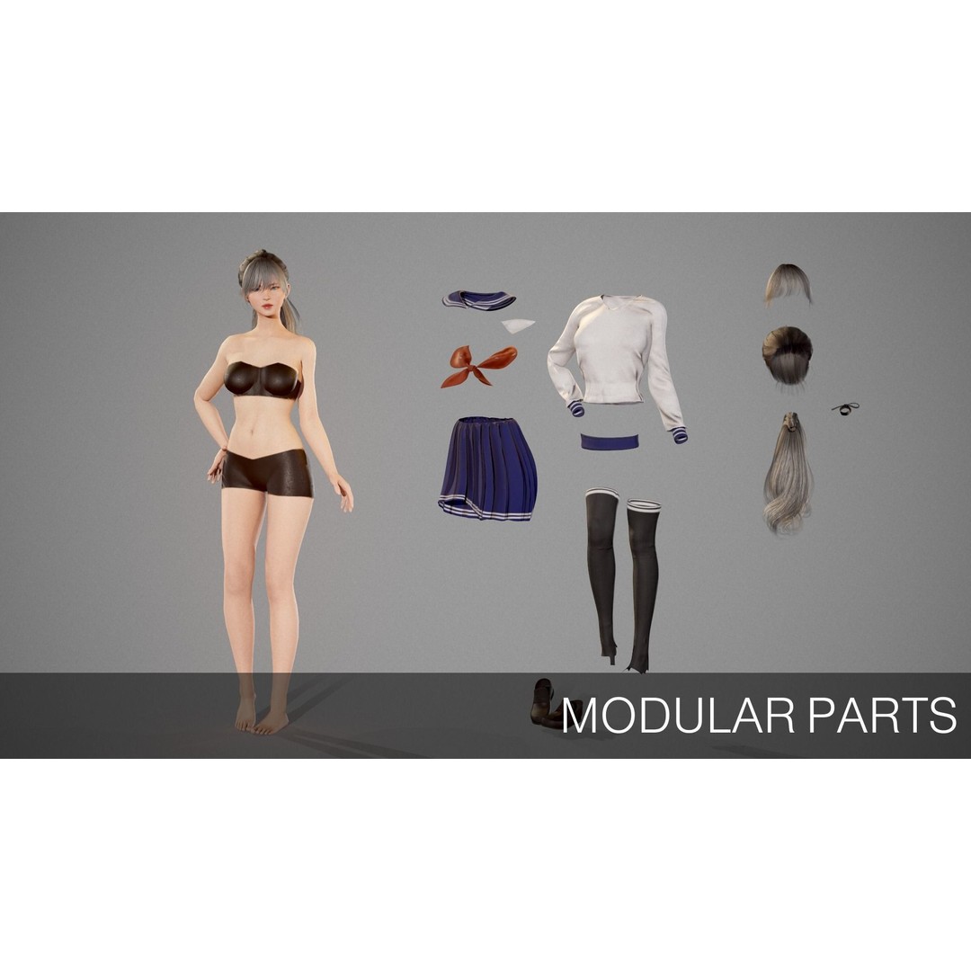 School Girl 3D Model – Low Poly Modular Character, Rigged, FBX - View 8