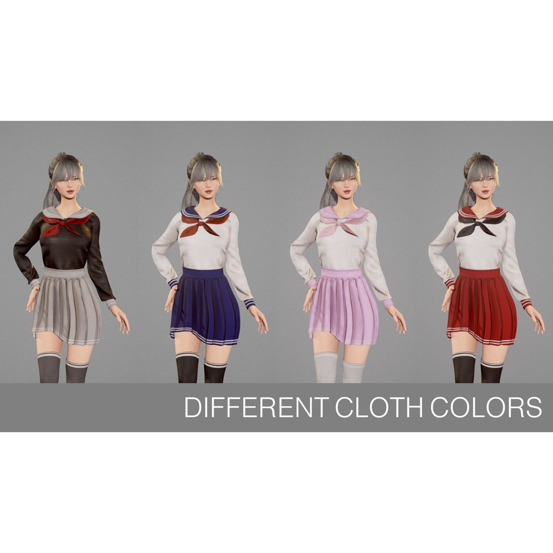 School Girl 3D Model – Low Poly Modular Character, Rigged, FBX - View 9