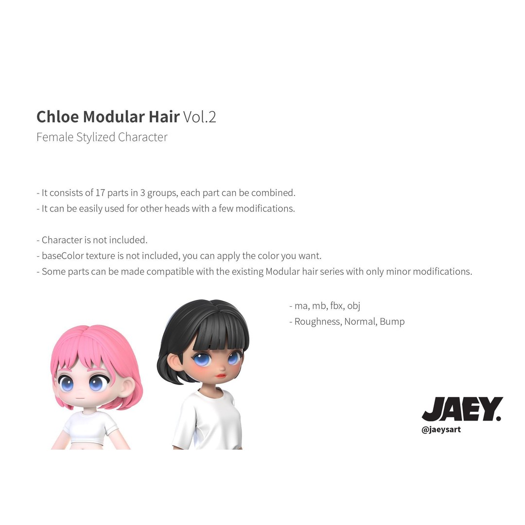 Chloe Modular Hair 3D Model – Low Poly Female Character Hair, FBX, OBJ