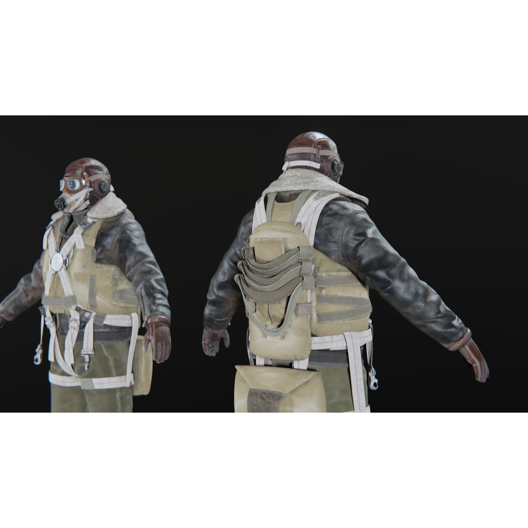 WWII US Soldier Pilot 3D Model – Rigged Character with PBR Textures - View 9