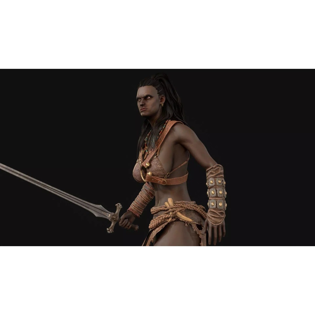 Barbarian Girl 3D Model – Low Poly Character, Rigged, PBR Textures - View 12
