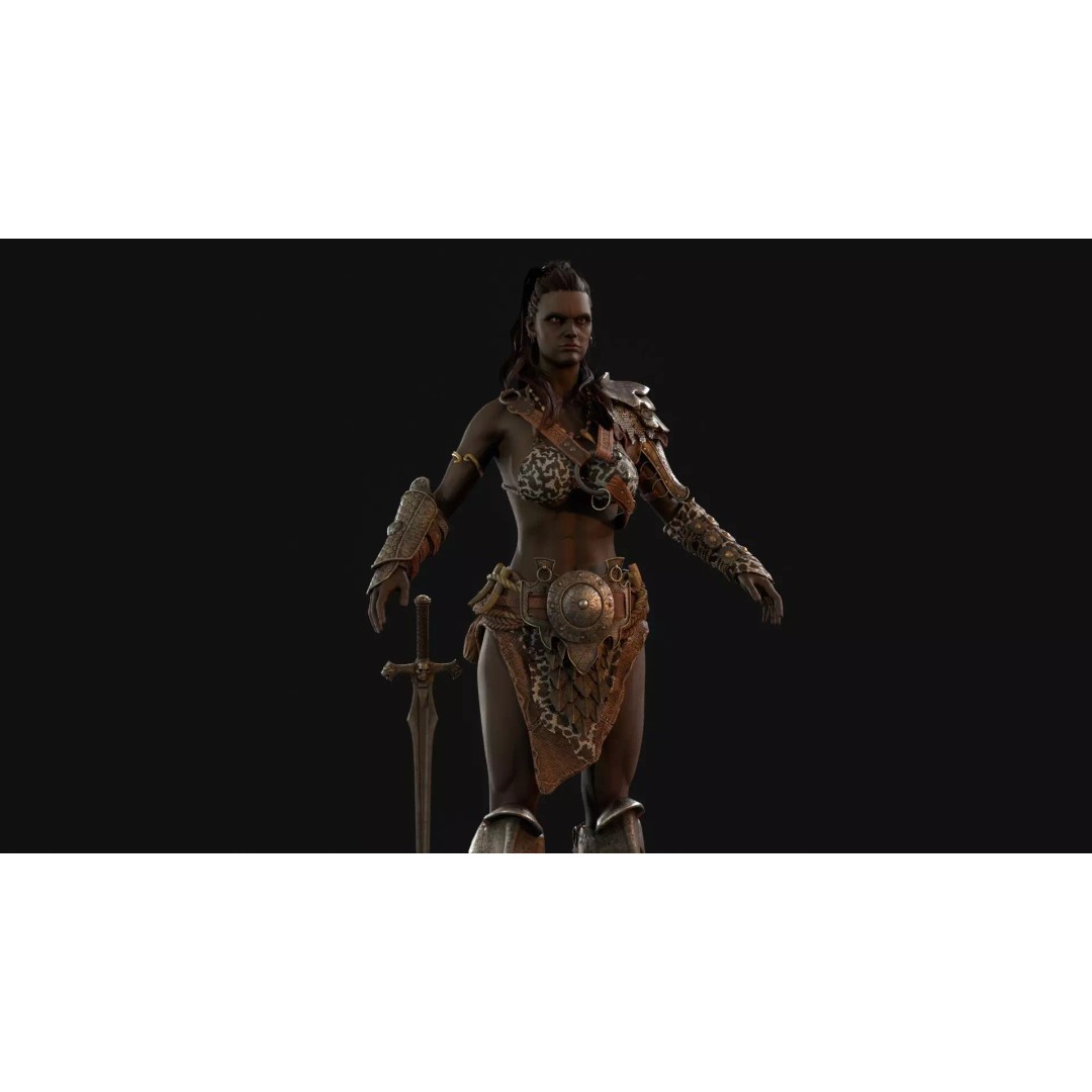 Barbarian Girl 3D Model – Low Poly Character, Rigged, PBR Textures - View 20