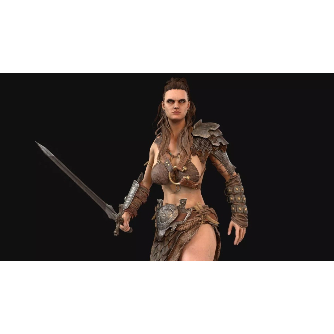 Barbarian Girl 3D Model – Low Poly Character, Rigged, PBR Textures - View 22