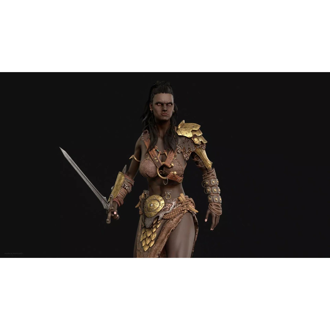 Barbarian Girl 3D Model – Low Poly Character, Rigged, PBR Textures - View 4