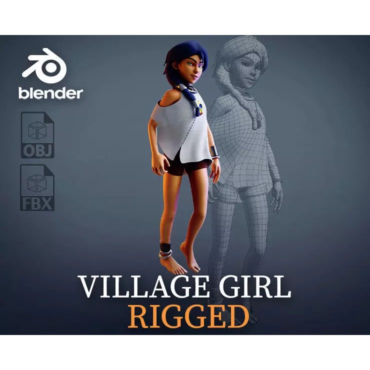 Village Girl 3D Model – Rigged Low-Poly Character Asset, FBX - View 2
