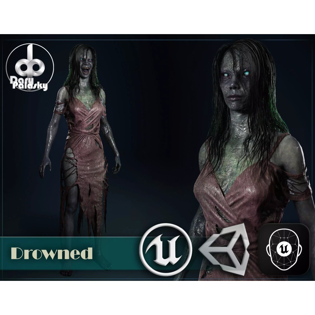 Drowned Woman 3D Model – Low Poly Game Ready Character, FBX - View 2