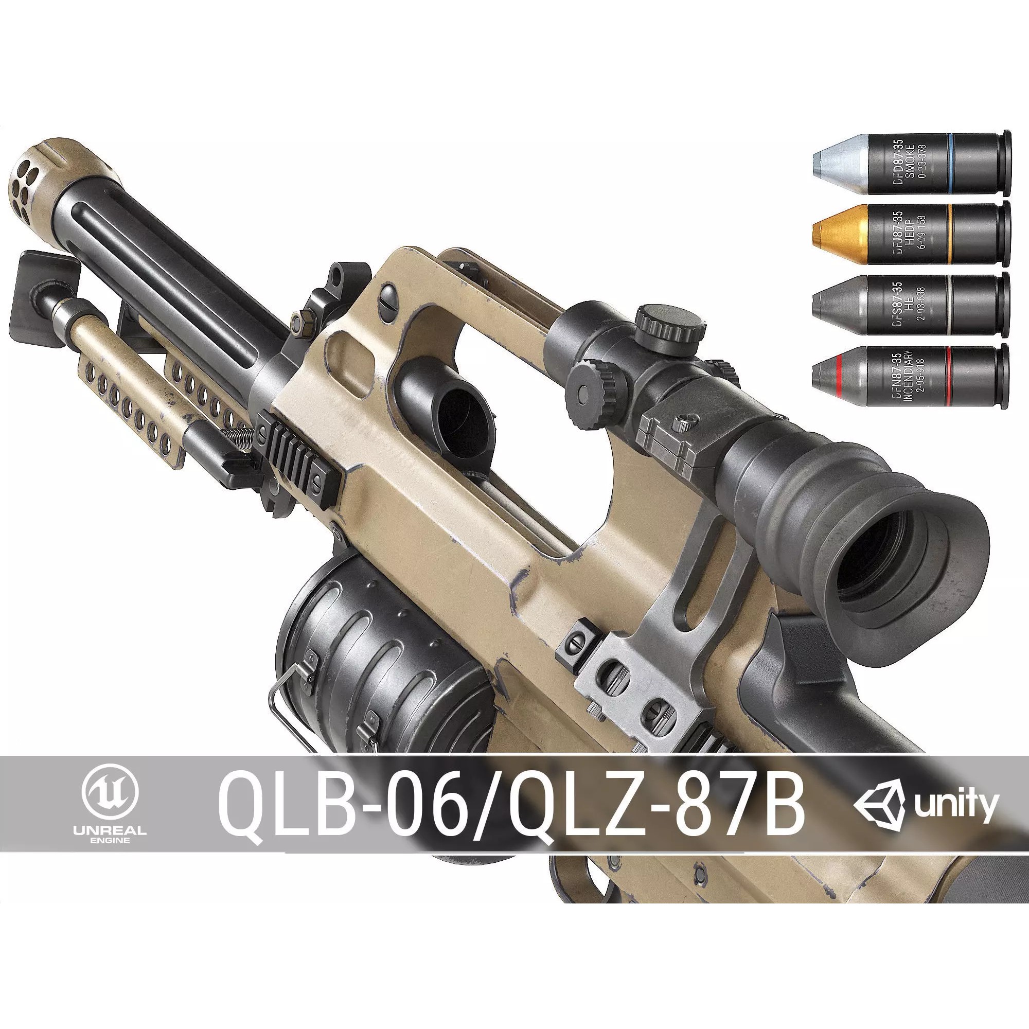 Chinese QLB-06 Grenade Launcher - Low-Poly Game-Ready 3D Model - View 2