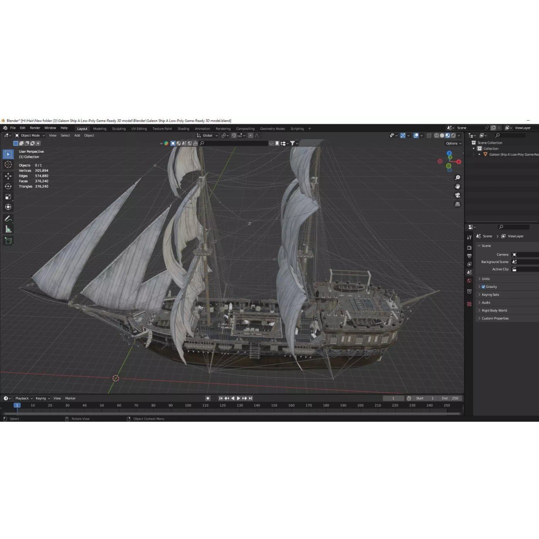 Galeon Ship 3D Model – Low Poly Game-Ready Asset, FBX, OBJ