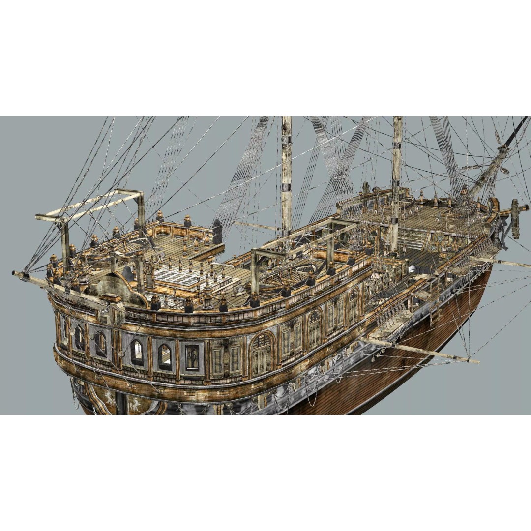 Galeon Ship 3D Model – Low Poly Game-Ready Asset, FBX, OBJ - View 12