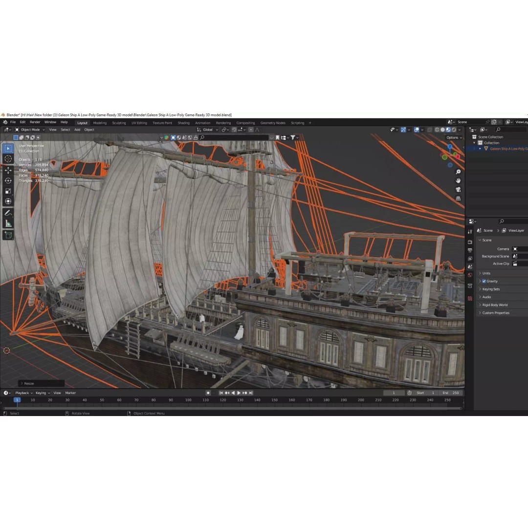 Galeon Ship 3D Model – Low Poly Game-Ready Asset, FBX, OBJ - View 21