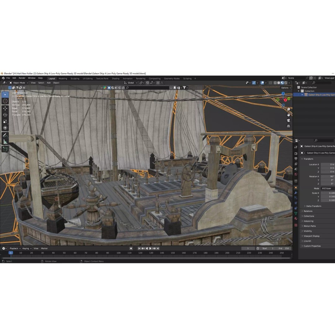 Galeon Ship 3D Model – Low Poly Game-Ready Asset, FBX, OBJ - View 22