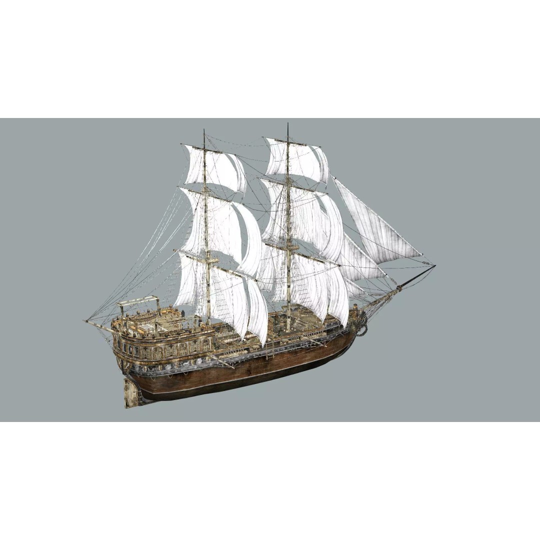 Galeon Ship 3D Model – Low Poly Game-Ready Asset, FBX, OBJ - View 7
