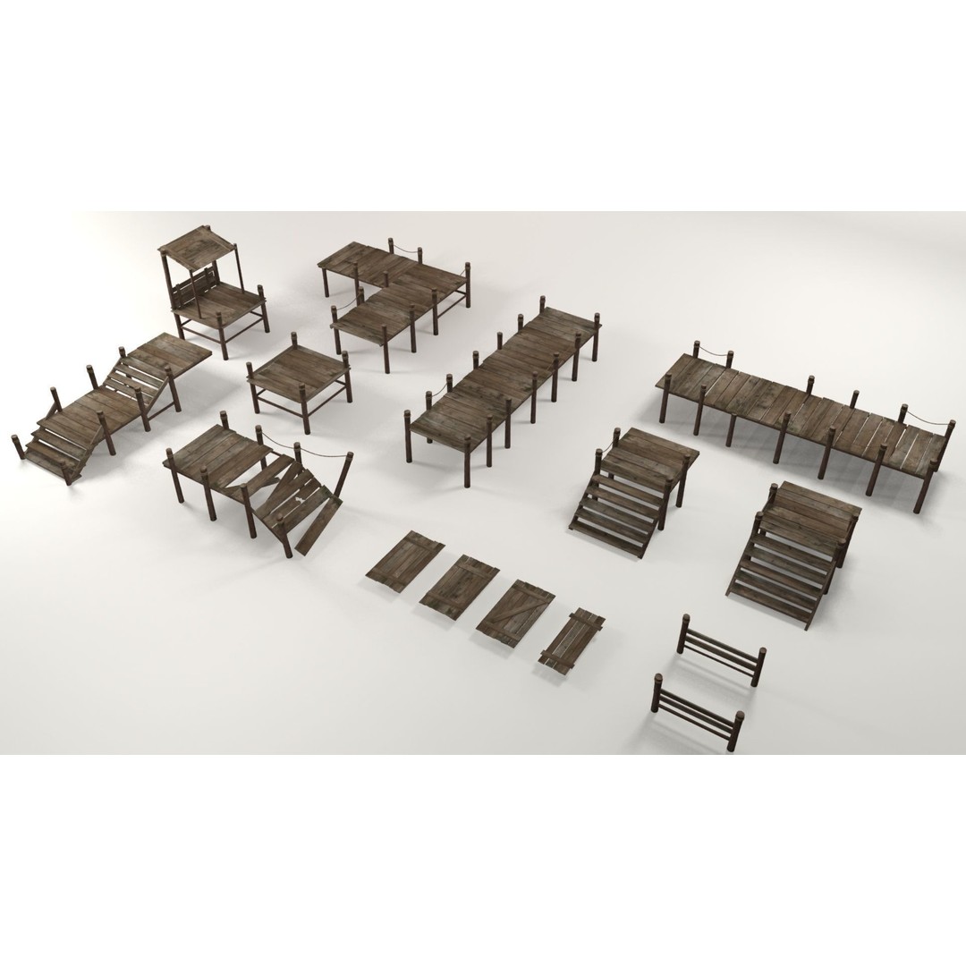 Wooden Pier 3D Model – Low Poly Modular Game Asset, FBX - View 3